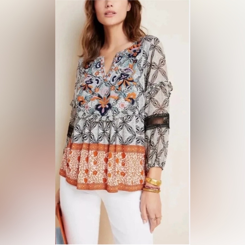 Anthropologie Floral Blouse - Orange and Black